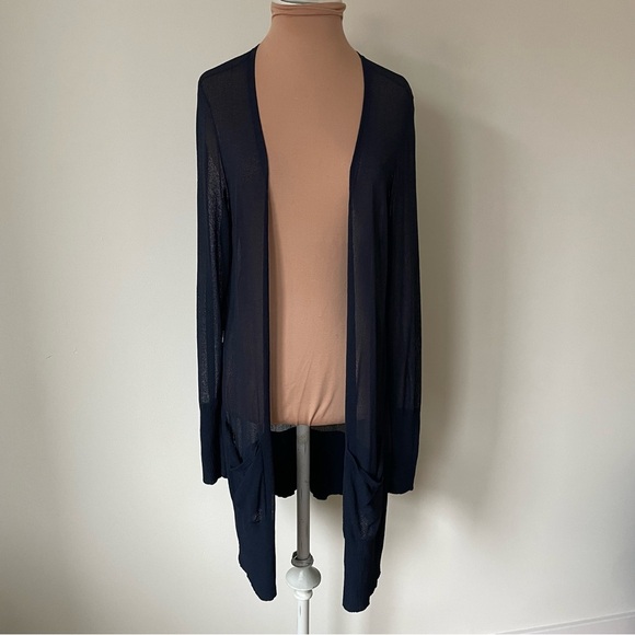 EILEEN FISHER Viscose Crepe Sheer Tunic Button Up V-Neck Blue Cardigan EUC Sz M - Picture 5 of 10